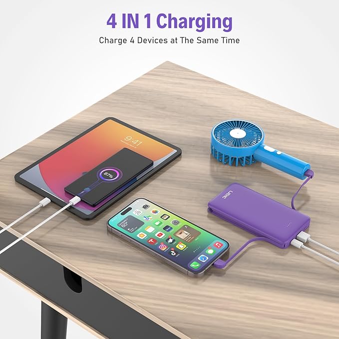 10000mAh Slim Power Bank with Built in Cable,Thin Lightweight Portable Phone Charger,4 Output USB C Travel Essentials External Battery Pack Clutch Charger for iPhone,Samsung,Android,Heated Vest,Purple