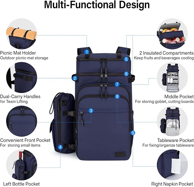 Backpack Cooler, 40 Cans Soft Leak Proof Picnic Backpack, Hanke Portable 2 Insulated Compartments Cooler Backpack Water Resistant for Lunch Beach Travel Camping Picnic Hiking (Blue)