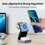 【2025 Upgraded】 Magnetic Wireless Charger 3 in 1, Foldable Charging Station with Night Light for Apple MagSafe Charger, Travel Charger Stand, Nightstand Fast 15W Charging Station (with Adapter)