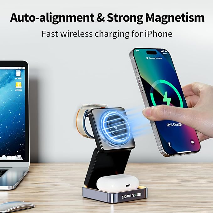 【2025 Upgraded】 Magnetic Wireless Charger 3 in 1, Foldable Charging Station with Night Light for Apple MagSafe Charger, Travel Charger Stand, Nightstand Fast 15W Charging Station (with Adapter)
