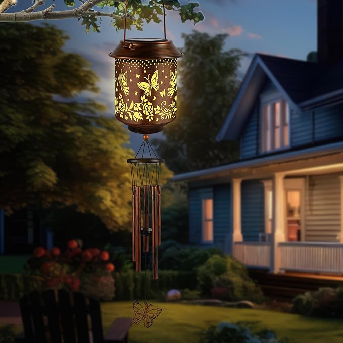 Solar Lanterns with Wind Chimes - Garden Decor Set Includes Greeting Card & Gift Wrap Paper, Patio Yard Birthday Gifts for Women, Solar Lanterns Outdoor Waterproof (Butterfly)