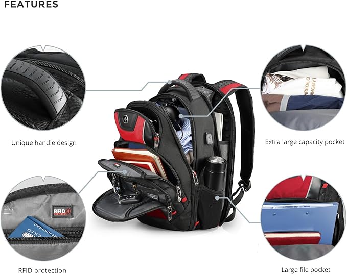 Swissdigital Design Men's Laptop Backpack for College and Business Travel with Integrated USB Charging Port and RFID Protection Fits 15.6" Laptops Black/Red | J14-41