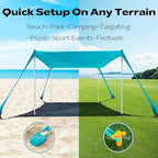 Beach Tent Sun Shelter 10 x 10ft, with 4 Aluminum Poles, Includes Sand Shovel, Ground Pegs and Carry Bag, Outdoor Pop Up Beach Shade Canopy for Camping, Fishing, Backyard Fun or Picnics