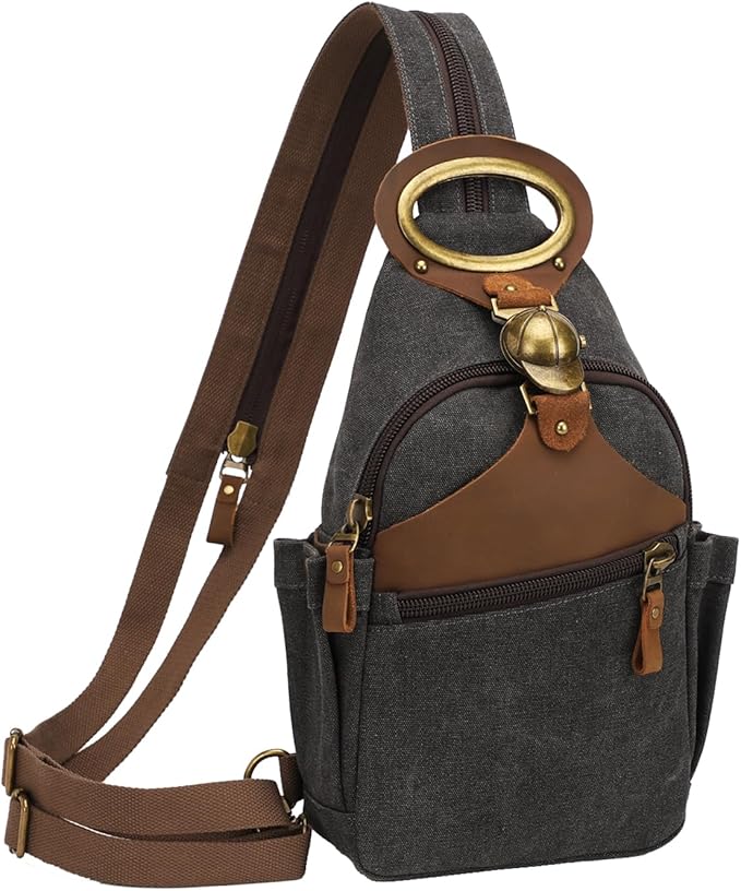 KouLi Buir Canvas Sling bag,Small Crossbody Backpack,Convertible Chest Bag Casual Daypack For Outdoor Cycling Hiking Travel (B3611-Black-N)