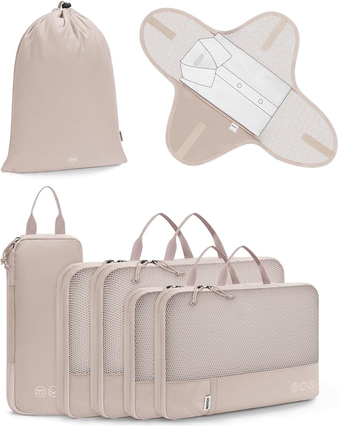 WANDF 7 Set Compression Packing Cubes for Travel, Shirt Folder for Wrinkle-Free, Suitcase Organizer Bags Set for Carry-On Checked Luggage Duffle Bag Women Men(Khaki)