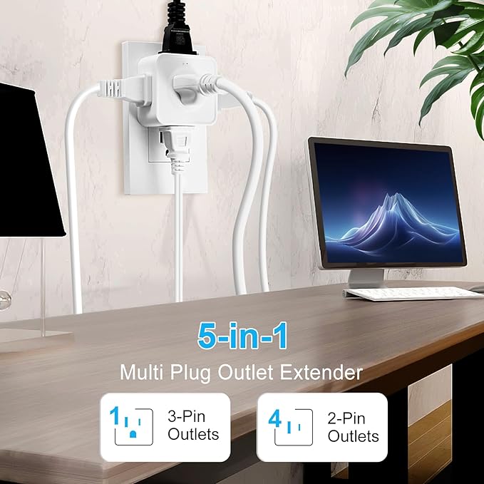 2 Prong to 3 Prong Adapter, FiiMan Multi Plug Outlet Extender 5 AC Outlet Splitter Wall Adapter Non-Grounded Outlets Expander for Japan Travel - Type A, 1875W, White (1 Pack)