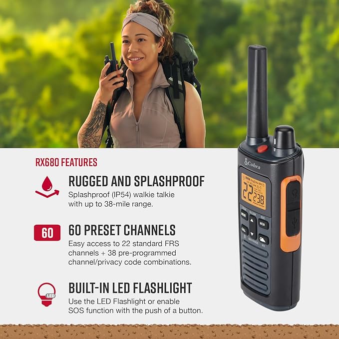 Bundle of Cobra RX680 Walkie Talkies (2-Pack) + Cobra ACXT1037R FLT Floating Walkie Talkie (1 Pack)