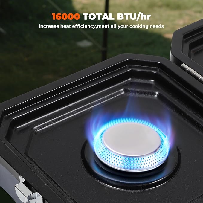 Adjustable 2-Burner Portable Stove with 16000 BTU, with Camping Grill and Carrying Bag, Portable Propane Camp Stove with 2 Burners & Piezo Ignition for Camping, Backyard BBQ,Tailgating (Blue)