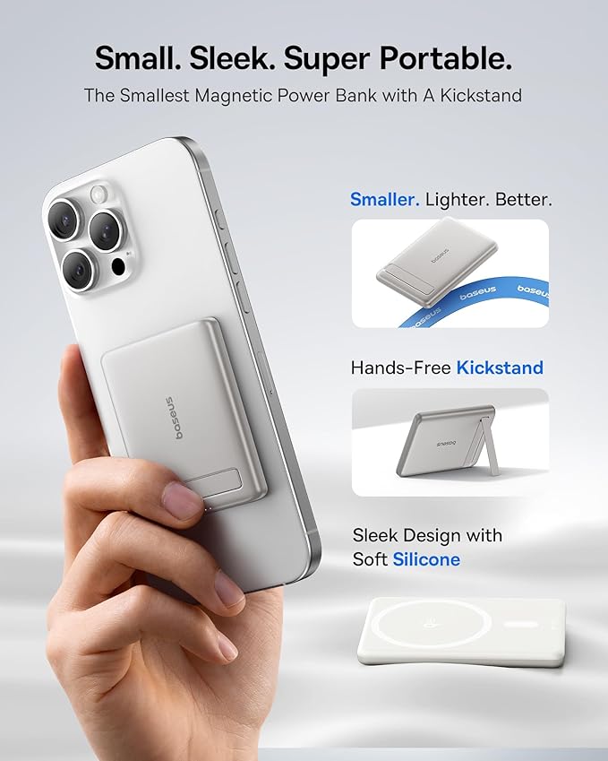 Baseus Picogo Power Bank, Smallest Qi2 Certified 15W MagSafe Portable Charger, 0.5" Ultra Slim 5000mAh Magnetic Battery Pack with Stand, Alloy Wireless Charger for iPhone 17 Pro Max/17 Air/16 Series
