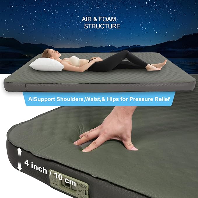 Self Inflating Double Sleeping Pad with Foam and Electric Pump，Innovative Y-Shaped Telescopic Structure，4.3" Thick Ultraportable Camping Mattress，Outdoor Compact Air Mat for Tent Car（4.2*79*55 inch）