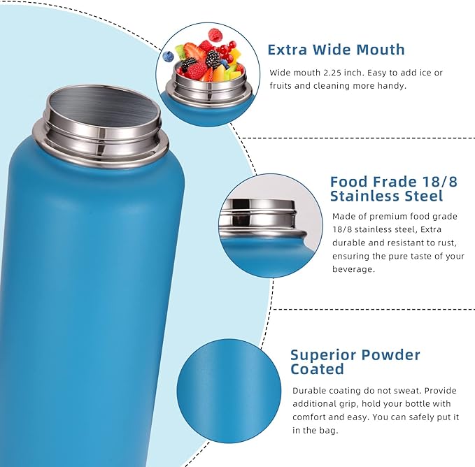 Volhoply 32oz Insulated Water Bottles Bulk 8 Pack with Straw Lid & Spout Lid,Stainless Steel Sports Water Bottle,Double Wall Vacuum Cups,Leakproof Wide Mouth Metal Flask for Hiking,Camping(Blue,8)