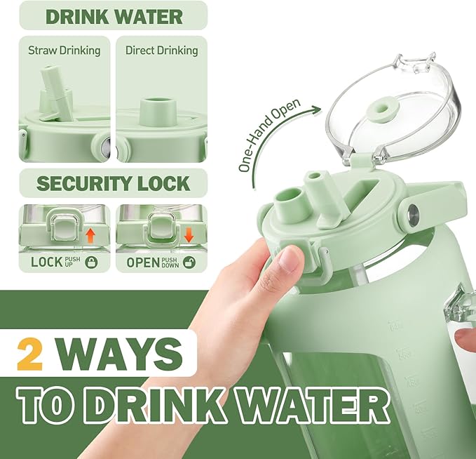 BLUEGO Water Bottle 64 oz Tumbler with Lid and Straw, Glass Water Bottle with Straw, Water Tumbler with Handle Half Gallon Water Jug Large Waterbottle for Daily Water Intake, BPA Free, Light Green