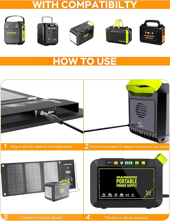 MARBERO 21W Portable Solar Panel Foldable Solar Panel Charger IP65 Waterproof Solar Panels 23% High Efficiency Fast Charger USB Ports & DC 18V Output for Camping Outdoor Travel Emergency Cloudy