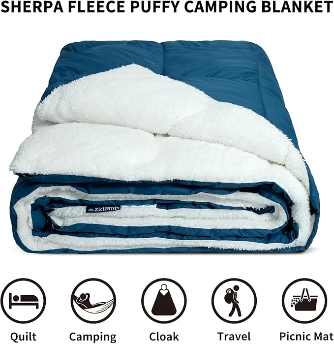 zzlamb Sherpa Puffy Camping Blanket,Packable Outdoor Warm Wearable Fleece Blankets for Cold Weather,Thick Camp Quilt with Sherpa Lining for Sleeping,Traveling,Backpacking,Picnics,Beach,Stadium 52x75in