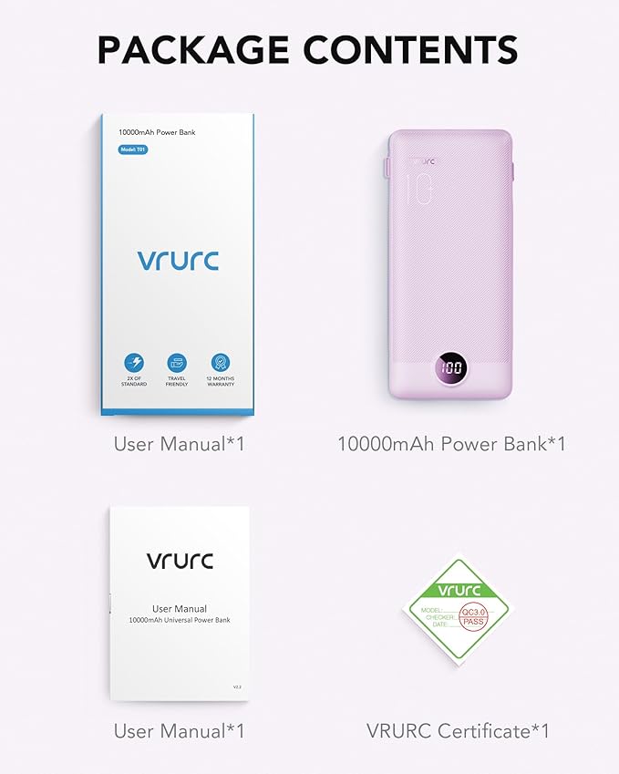 VRURC Portable Charger Built-in Cables and AC Wall Plug, USB C Power Bank 10000mAh, Travel Essentials Phone Charger Compact Lightweight External Battery Pack for Smart Phones, Tablets etc-Purple