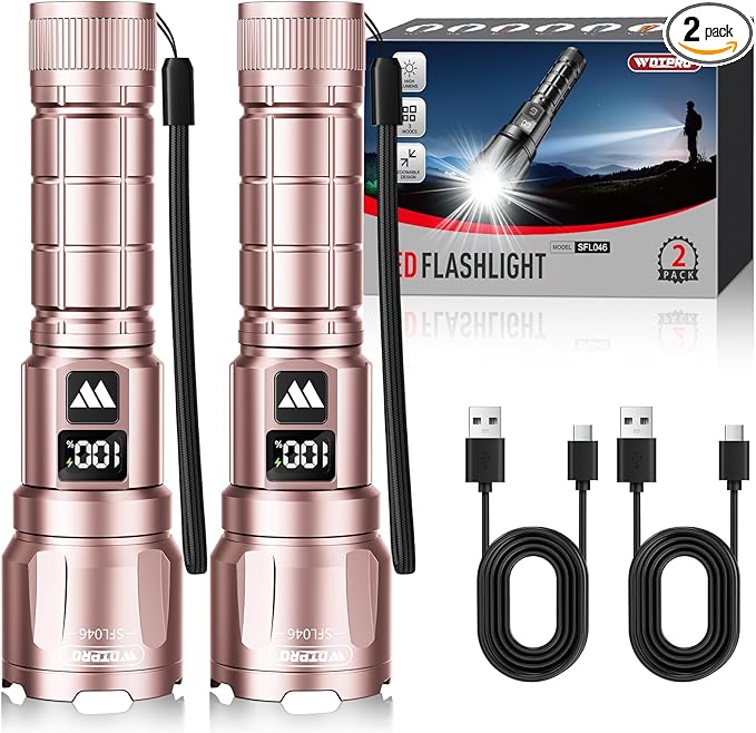 WdtPro LED Rechargeable Flashlight 2 Pack, Super Bright Zoomable 6000 Lumens Tactical Flashlight with LCD Digital Display, 3 Mode Waterproof Flash Light for Camping, Hunting & Home Emergency - Pink