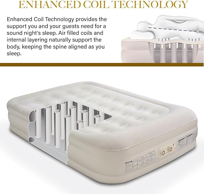 King Koil Luxury Air Mattress 16in Full Size Beige with Built-in Pump for Home, Camping & Guests-Inflatable Airbed Luxury Double High Adjustable Blow Up Mattress, Durable - Portable and Waterproof