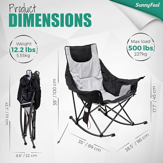 SUNNYFEEL Oversized Heated Camping Chair 2 Pack, Folding Rocking Camping Chairs with Luxury Padded Recliner,Carry Bag, 300 LBS Heavy Duty for Lawn/Outdoor/Picnic/Patio, Portable Rocker Camp Chair