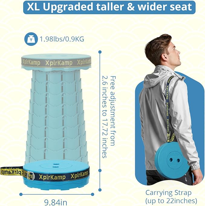 Retractable Folding Stool - Heavy Duty 400 lb Collapsible Portable Stool for Camping, Hiking, Fishing, Indoor/Outdoor with Non-Slip Base and Lightweight Design (Lakeblue, 1-Pack)