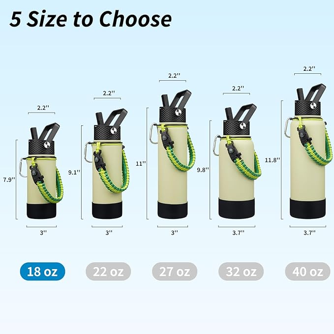 BJPKPK Water Bottle with Straw Lid, 18oz Insulated Water Bottles with 3 Lids, Paracord Handle & Non-slip Boot, Metal Stainless Steel Thermo, BPA Free Leak Proof Cups, Tumblers,Macaron Green