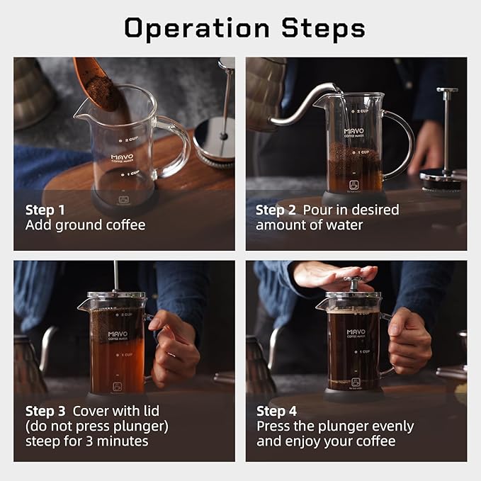 French Press Coffee Maker Stainless Steel Cold Brew Heat Resistant Glass Coffee & Tea Maker with 2 Filter (350ml/12oz)