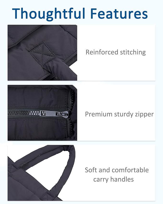 Puffer Tote Bag for Women, Quilted Bag with Zipper, Small Tote HandBags for Work, Travel
