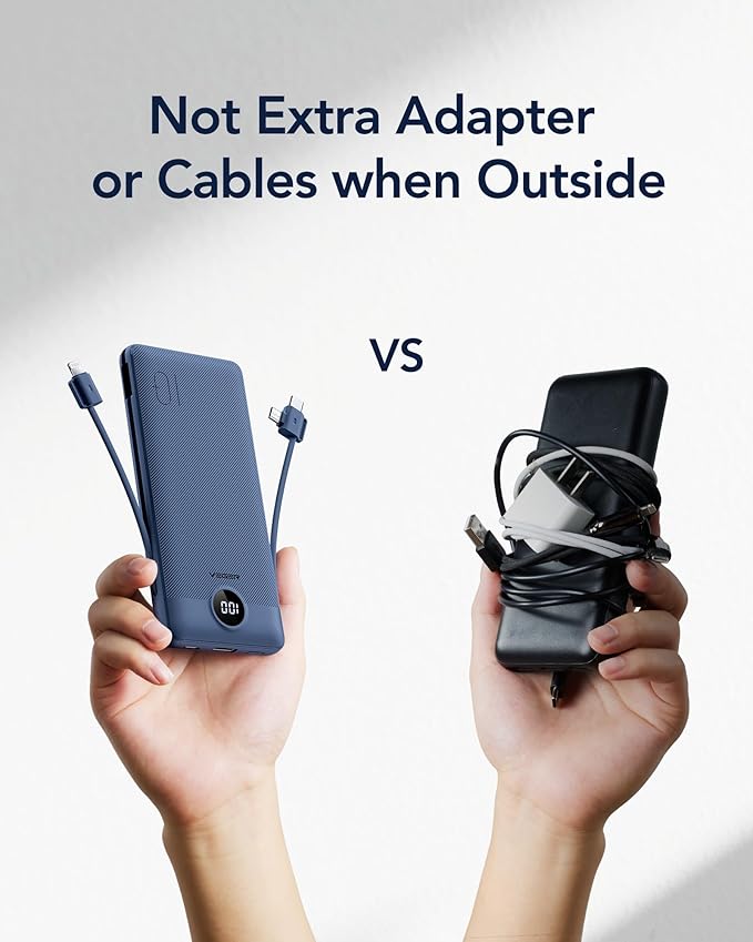 VEGER Portable Charger with Built-in AC Plug and Cables, All in One 10000mAh Ultra-Slim Power Bank, 15W Fast Charging for iPhone, Samsung, Android, Travel Essential (Navy)