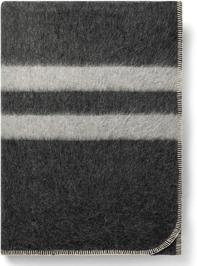 Thick Alpaca Wool Blanket Heavyweight for Camping Outdoors or Using Indoors | Soft Peruvian Alpaca Wool Blankets (Dark Gray -Soft Gray Stripes, Queen)