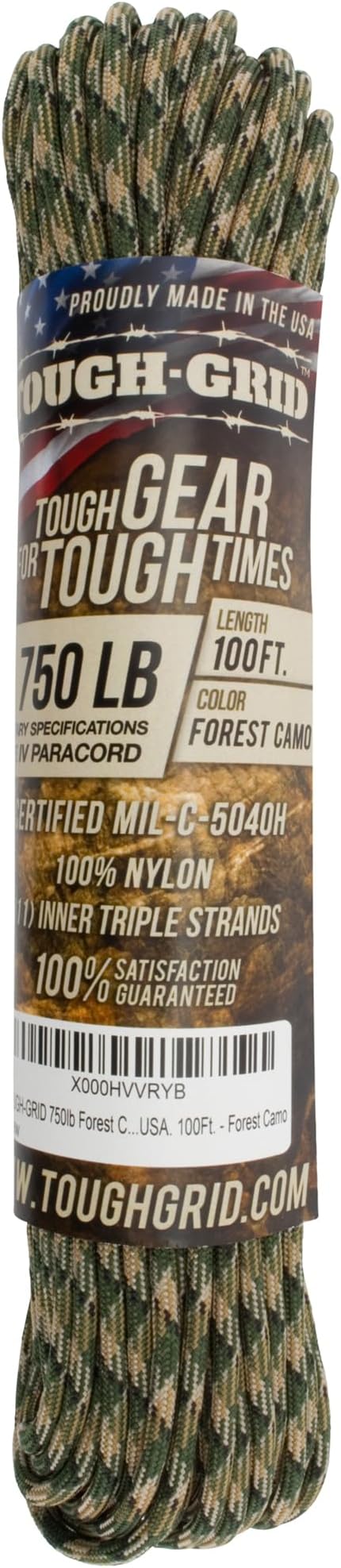 TOUGH-GRID Paracord Rope 750 lbs Nylon Parachute Cord, Made in USA Survival Kit, Outdoor Adventures, Camping, Tactical Gear & Emergency Supplies, Military Type IV Mil-Spec