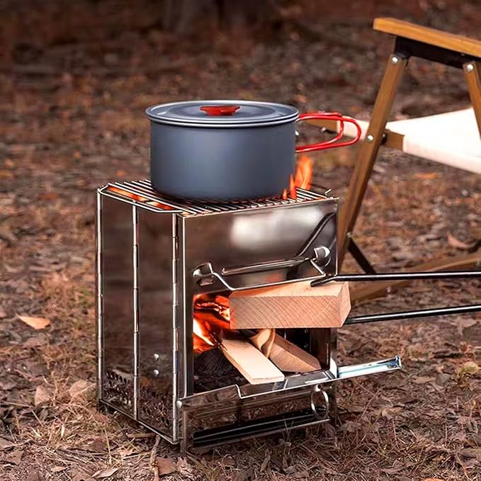 Portable Wood Burning Camp Stove with Grill - Folding, Backpacking, Box Stove with Fire Blowing Stick and Carrying Bag