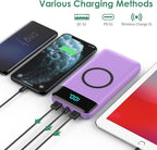 Wireless Portable Charger 30,800mAh 15W Wireless Charging 25W PD QC4.0 Fast Charging Smart LED Display USB-C Power Bank,4 Output& 2 Input External Battery Pack Compatible with iPhone, Samsung -Purple