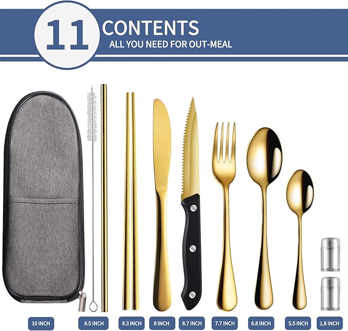 Travel Utensils with Case,Reusable Utensils,Portable Travel Camping Cutlery Set,Stainless Steel Flatware Set,Lunch Boxes Workplace Camping School Picnic (Gold)
