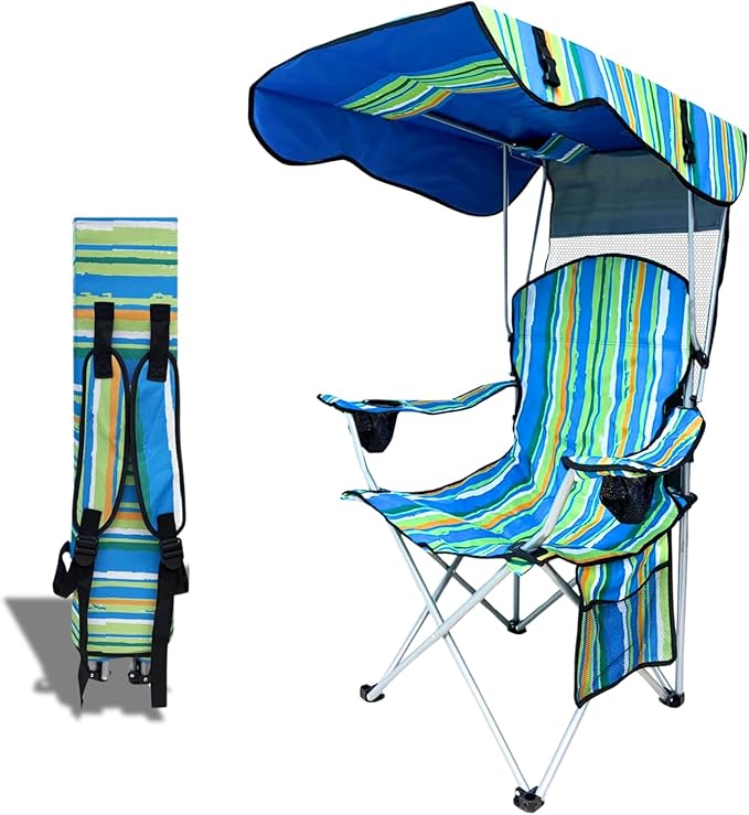 Portable Camping Chair with Adjustable Canopy Shade- Folding Camping Lounge Chair with Cup Holder & Side Pocket for Outdoor Camping, Fishing, Beach - Support 330 LBS (Streak)