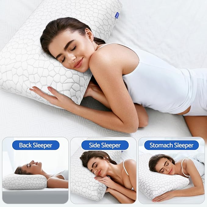 Memory Foam Pillows for Sleeping, Cooling Pillow with Removable and Machine Washable Cover, Bed Pillow for Side, Back and Stomach Sleepers, Standard Size (2 Pack)