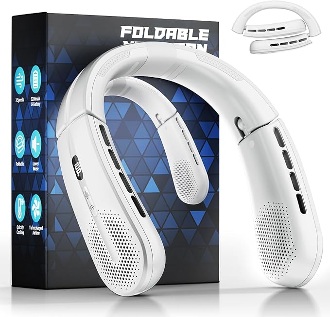 Portable Neck Fan - 8400 RPM Enlarged Turbo Airflow - 5200mAh Personal Rechargeable Cooling Wearable Fan - Max 16H, 4 Speeds, Foldable, LED Display - Great Gifts for Men Women - 2nd Gen White