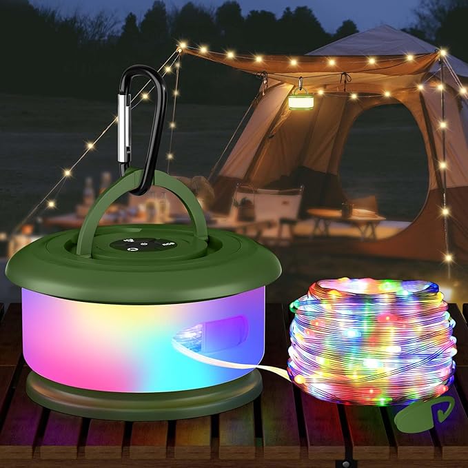 Camping String Lights, Retractable 32.8ft RGB Flash Lamp, Rechargeable Fairy LED Rope Lights Outdoor Waterproof, Portable Hanging Lantern for Outside Tent Patio Awning Garden RV Essentials