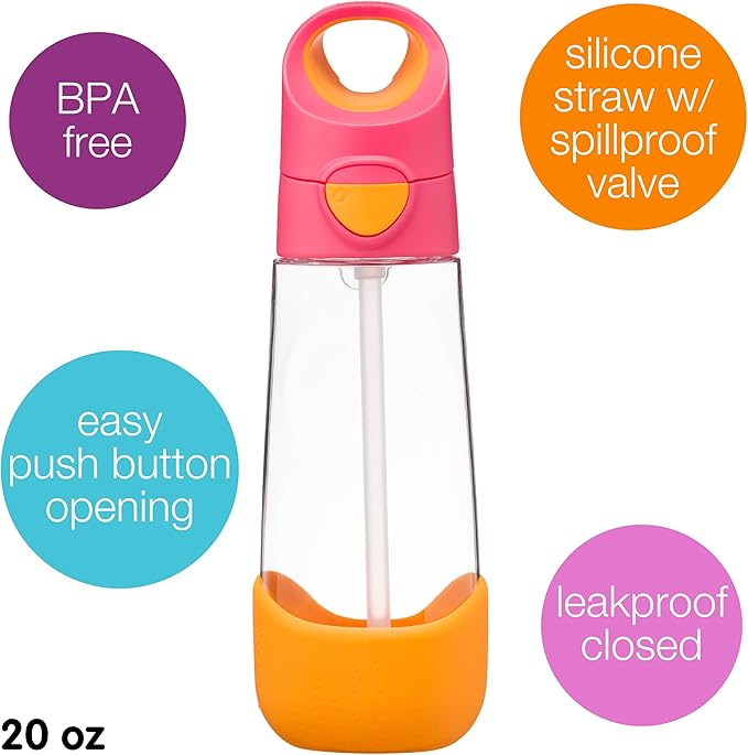 b.box Kids Water Bottle – 20oz Tritan Toddler Drink Bottle with Straw for School, Daycare, Travel w/Easy-Grip Triangular Design, Leak Proof Lid & Handle, BPA Free, Dishwasher Safe (Strawberry Shake)