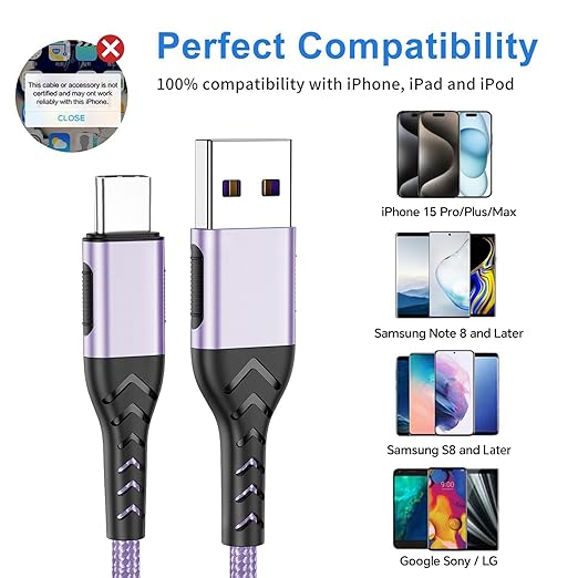 Durcord USB C Charger Cable, 2Pack 6ft USB Charger Fast Charging Type C Cord Cable, Type C Charger Cable Compatible with iPhone 15 Pro/Plus/Max/Android/Phone/Pad-Light Purple