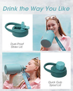 Coolflask Insulated Water Bottle 64 oz with Straw, Half Gallon Large Water Jug with Straw & Spout Lids, Vacuum Stainless Steel Metal Flask, Keep Cold 48h Hot 24h, Leak Proof & Non-BPA, Agate Green