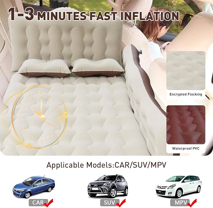 ISWEES Car Bed SUV Air Mattress, Car Air Mattress with Electric Pump, 2 Inflatable Pillows and 2 Footrests for Back Seat, Side Seat,Trunk Sleeping, Thickened Camping Bed - Brown