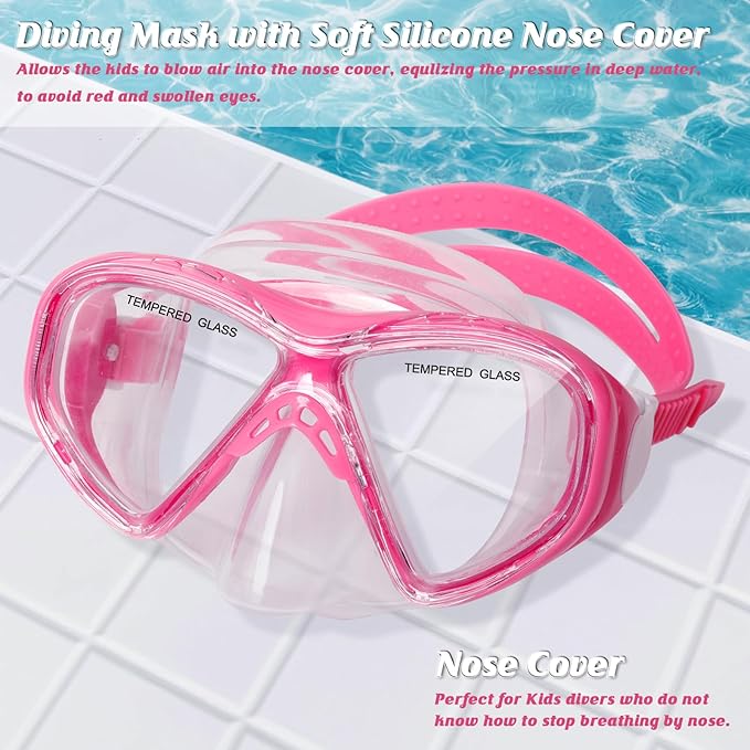 Kids Swim Goggles Snorkel Diving Mask for Boys Girls Ages 5-15, Two-Color Anti-Fog Swimming Goggles with Nose Cover