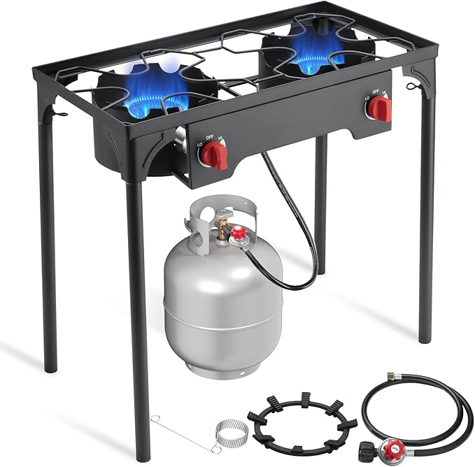 SKOK 2 Burner Propane Stove - Portable Camping Stove with 150,000BTU High Efficiency Propane Burner, Outdoor Stove for Camping, Backyard, Picnic
