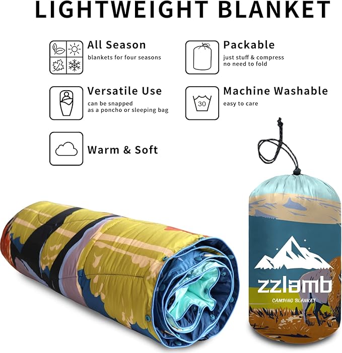 zzlamb Camping Blanket, Outdoor Lightweight Travel Blanket Puffy Portable Down Alternative, Windproof Warm Cloak with Snaps, Cozy Quilt Backpacking Picnic RV Plane Car Hammock Beach Climbing