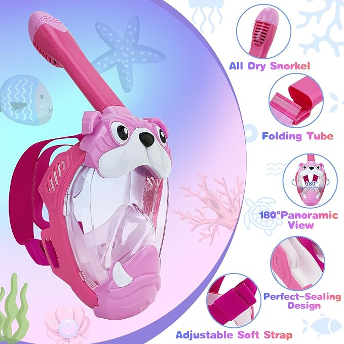 Full Face Snorkel Mask for Kids 4-16, 180 Degree Panoramic View Snorkeling Set Anti-Fog Anti-Leak, Foldable Dry Top Snorkeling Gear for Kids