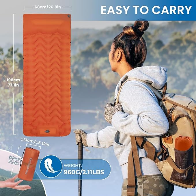 KingCamp Sleeping Pad for Camping, Ultralight Connectable Inflatable Sleeping Pad Camping Mattress with 6.3" Built-in Pillow & Foot Pump for Backpacking Hiking Tent Cot