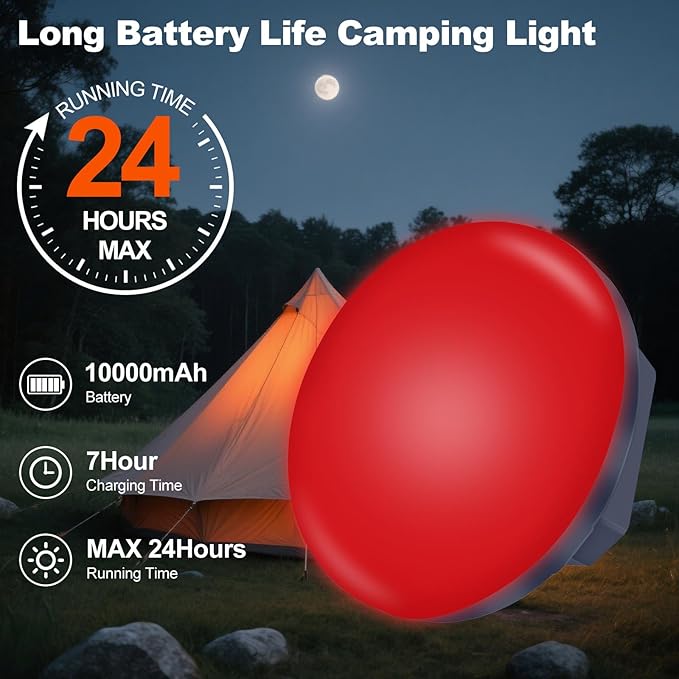 2025 Red Light Insect-Proof Camping Lamp10000mAh Rechargeable 3000LM Tent Camping Light, 6500K 24Hours Long Play Time , Outdoor Night Market Night Fishing Lantern (Remote)