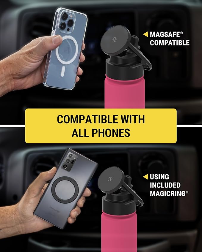 Scosche MFMS22 MagicMount Flask 22 oz Stainless Steel Water Bottle with MagSafe Phone Mount Stand, 12H Hot & 24H Cold Insulated Flask with Magnetic Phone Holder for Gym, Car, Travel, Sports 22oz, Pink