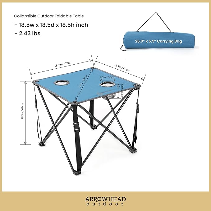 ARROWHEAD OUTDOOR 26” (66cm) Portable Camping Folding Table, 2 Cup Holders, Square, Carrying Case, Steel Frame, High-Grade 600D Canvas