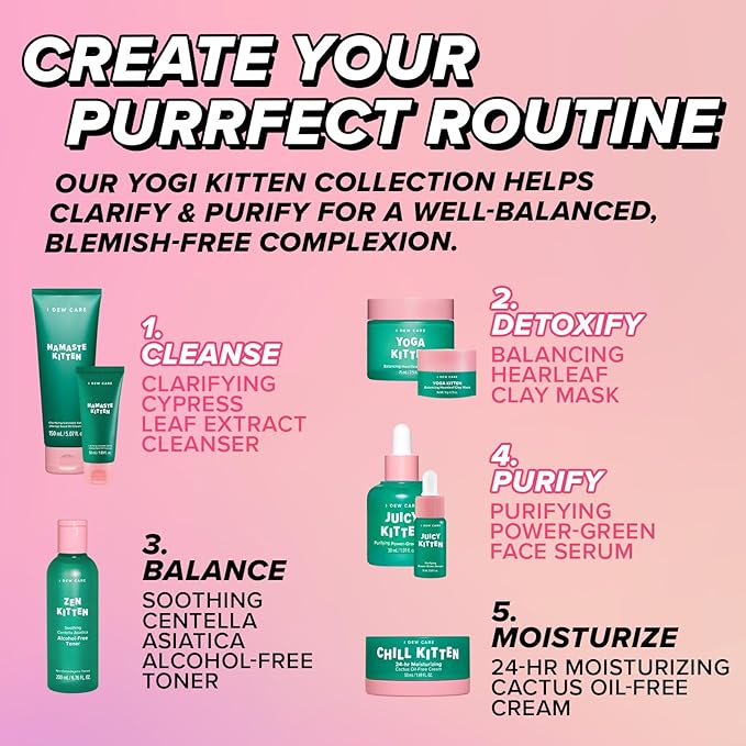 I DEW CARE Blemish Heartleaf Skincare Set - Kitten My Balance On | Foam Cleanser & Wash-off Mask & Serum, Gentle Skincare, Soothe & Balance, Stocking Stuffers, Gift For Girls, Teen Girls Skin Care Kit