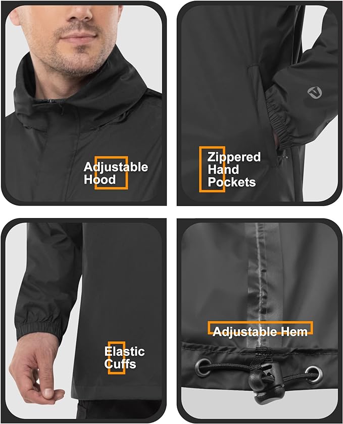 Outdoor Ventures Men's Rain Jacket Waterproof Lightweight Packable Rain Pullover for Hiking Golf Running